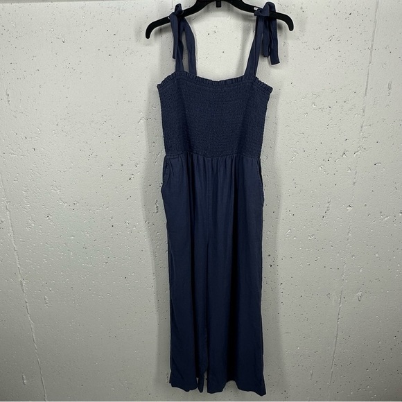 Susina size Small Blue Linen Blend Smocked Jumpsuit - Picture 3 of 15